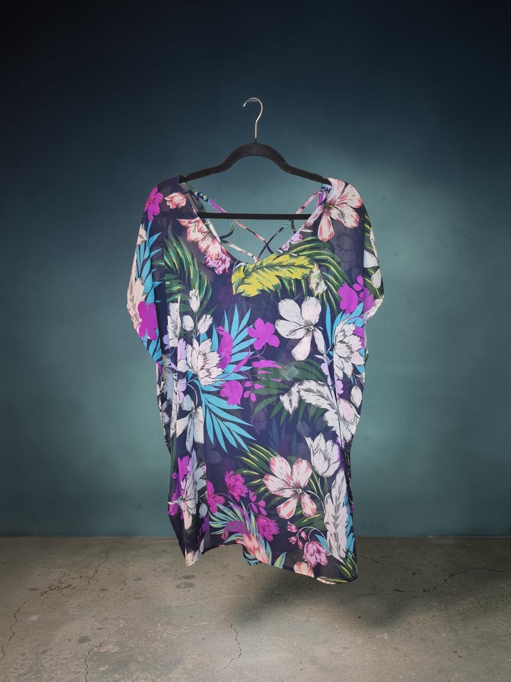 Kona Sol Navy Tropical Floral Swim Cover-Up with Tassel Hem - Picture 6 of 8